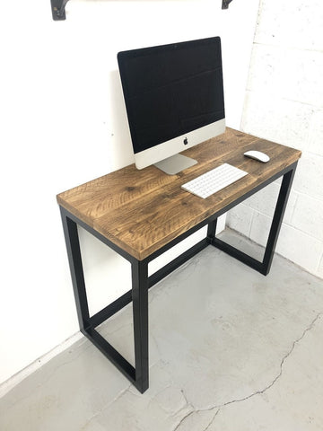 Reclaimed rustic office desk with steel frame — view 1